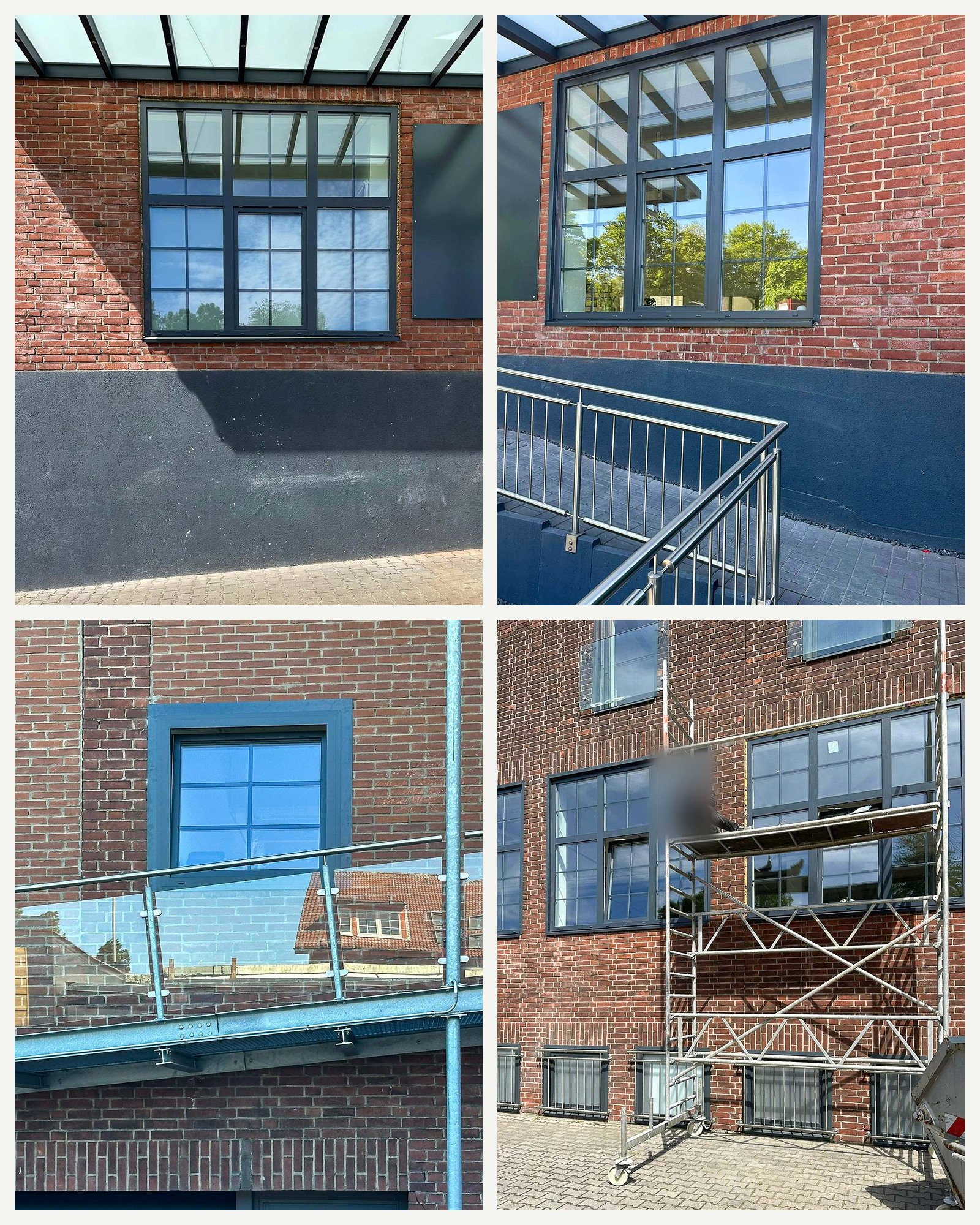 Rasterfenster und ausgeführte Anschlussdetails an einer sanierten Ziegelfassade